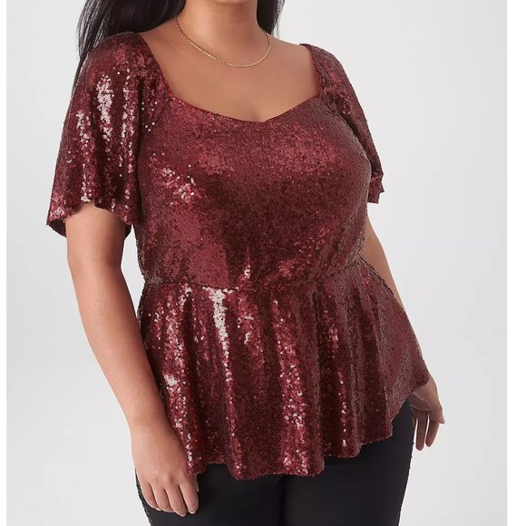 Plus Size 6X 7X Womens Lane Bryant 38/40 Red Christmas Sparkly Shirt Top Sequin - Picture 1 of 3